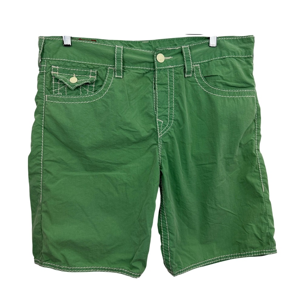 True Religion Boardshort Mens 34 Green Big T Stitch Horseshoe Flap Pocket